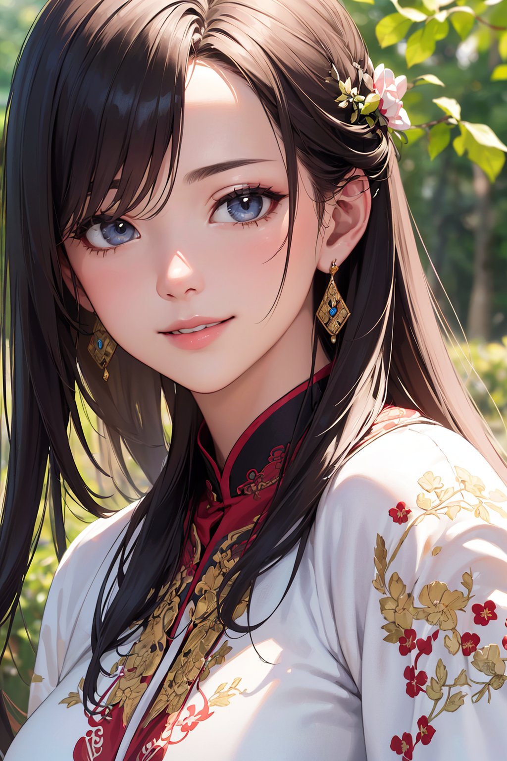 (best quality, masterpiece, 8K, ultra high res, realistic:1.3),(Beautiful and detailed face:1.2),(close-up:1.2),1girl,solo,looking at viewer,big breasts,slim body,arms at sides,smile,(Extremely detailed light white chinese long embroidery silk robe:1.2),earrings,hairpin,necklace,architecture,east asian,riverside,forest,