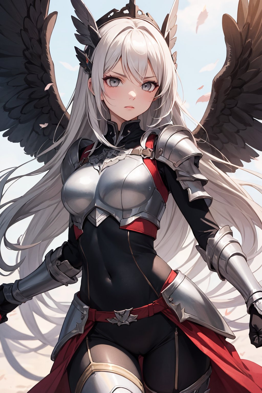 valhalla,field,falling feathers,ultra detailed,masterpiece,best quality,aesthetic,detailed,serious,1girl,(white eyes:1.1),(grey eyes:1.3),white hair,very long hair,parted hair,parted bangs,medium breasts,valkyrie,(bodysuit:1.1),pink wing hair ornament,grey armored skirt,black bodysuit,armor,gauntlets,pink breastplate,greaves,armored dress,pink hues,