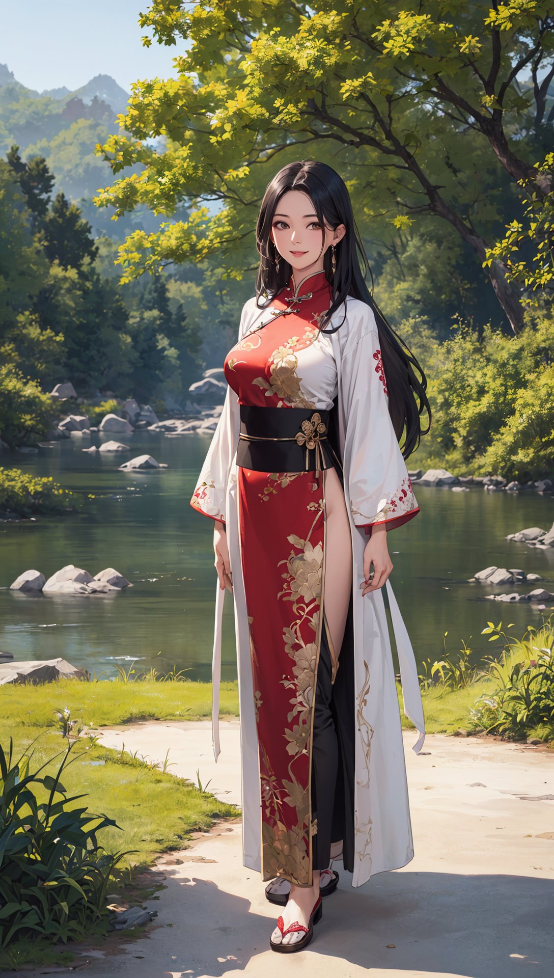 (best quality, masterpiece, 8K, ultra high res, realistic:1.3),(Beautiful and detailed face:1.2),(full body:1.2),1girl,black long hair,solo,looking at viewer,big breasts,slim body,arms at sides,smile,(Extremely detailed light white chinese long embroidery silk robe:1.2),earrings,hairpin,necklace,architecture,east asian,riverside,forest,