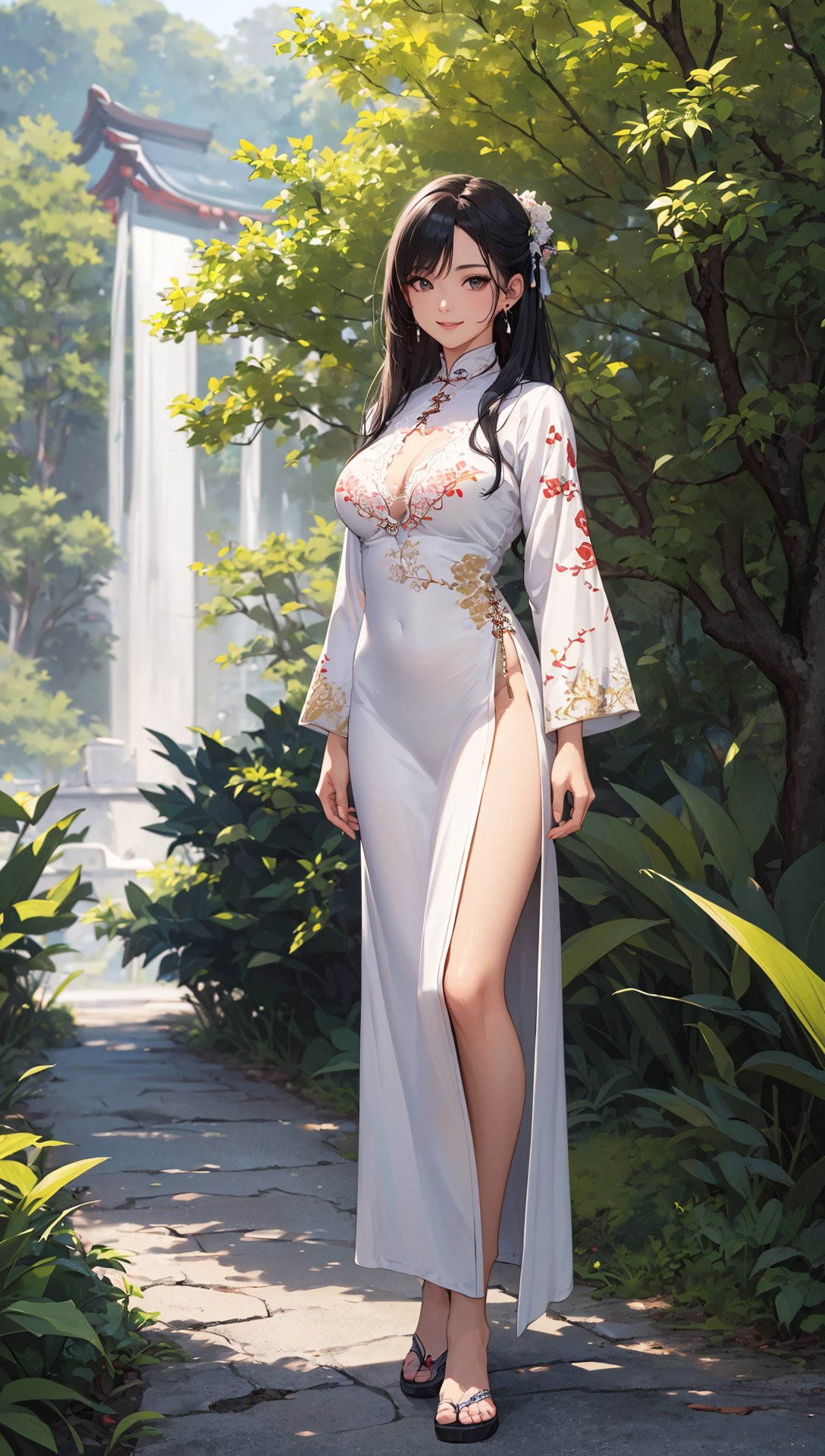 (best quality, masterpiece, 8K, ultra high res, realistic:1.3),(Beautiful and detailed face:1.2),(full body:1.2),1girl,black long hair,solo,looking at viewer,big breasts,slim body,arms at sides,smile,(Extremely detailed light white chinese long embroidery silk robe:1.2),earrings,hairpin,necklace,architecture,east asian,riverside,forest,