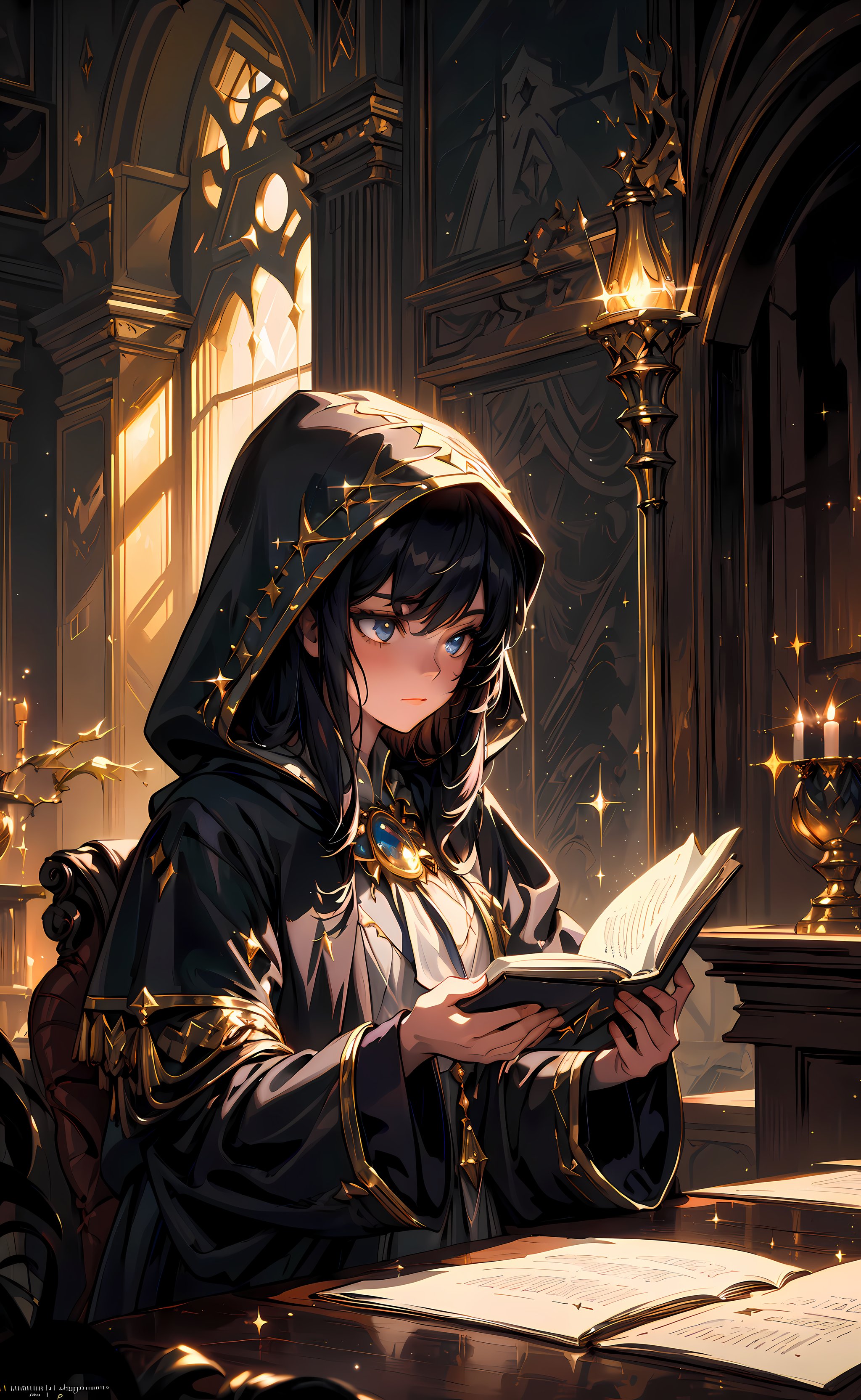 masterpiece, best quality, John Singer Sargent, young sorceress studying, hood up, moody lighting, tranquil, calm, glow, glowing, mystical, magical, rim lighting, fantasy, sunbeam, soft lighting, sparkle, glittering,  <lora:LoConLoRA pseudo-daylightConcept:0.2>