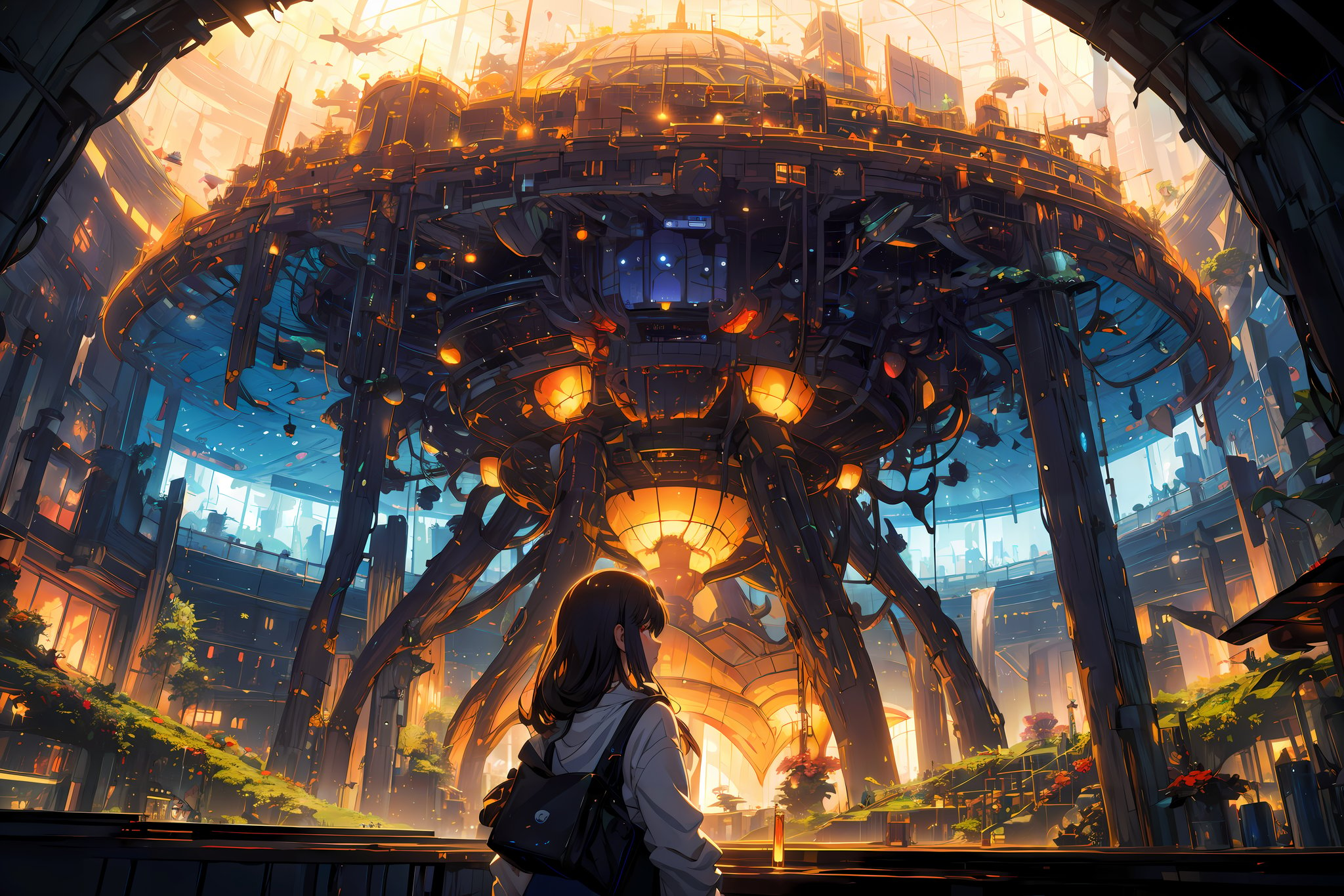 best quality, masterpiece, extremely detailed, detailed background, anime, 1girl, young girl, short girl, sci-fi, indoors, night, artificial ecosystem, utopia, landscape, scenery, panorama, science fiction, solo focus, close up, depth of field, bokeh, atmospheric lighting, megastructure, glass dome, bio-dome