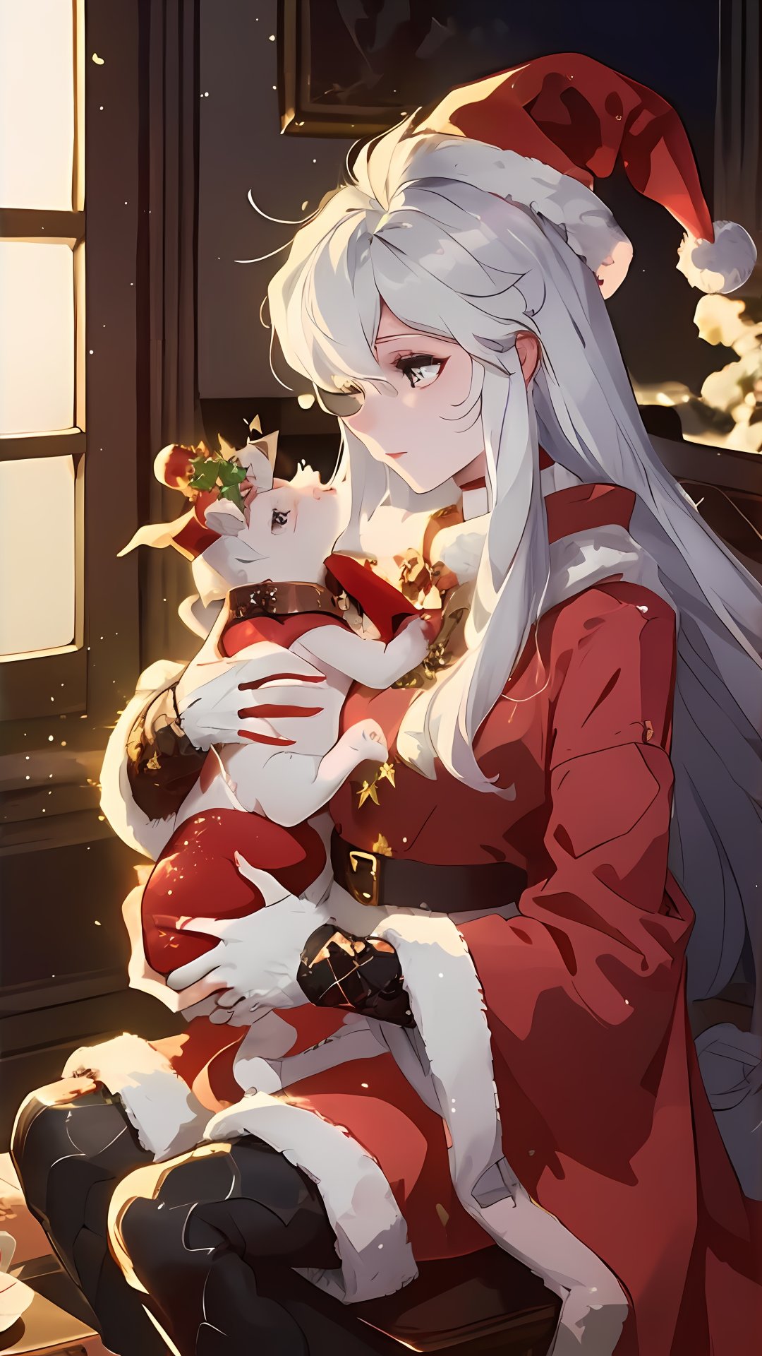 a dark gothic, White dragon baby wearing a red Christmas hat, in a golden Christmas cup. surrounding by dark gothic room, soft cinematic lighting, highly detailed, 8k