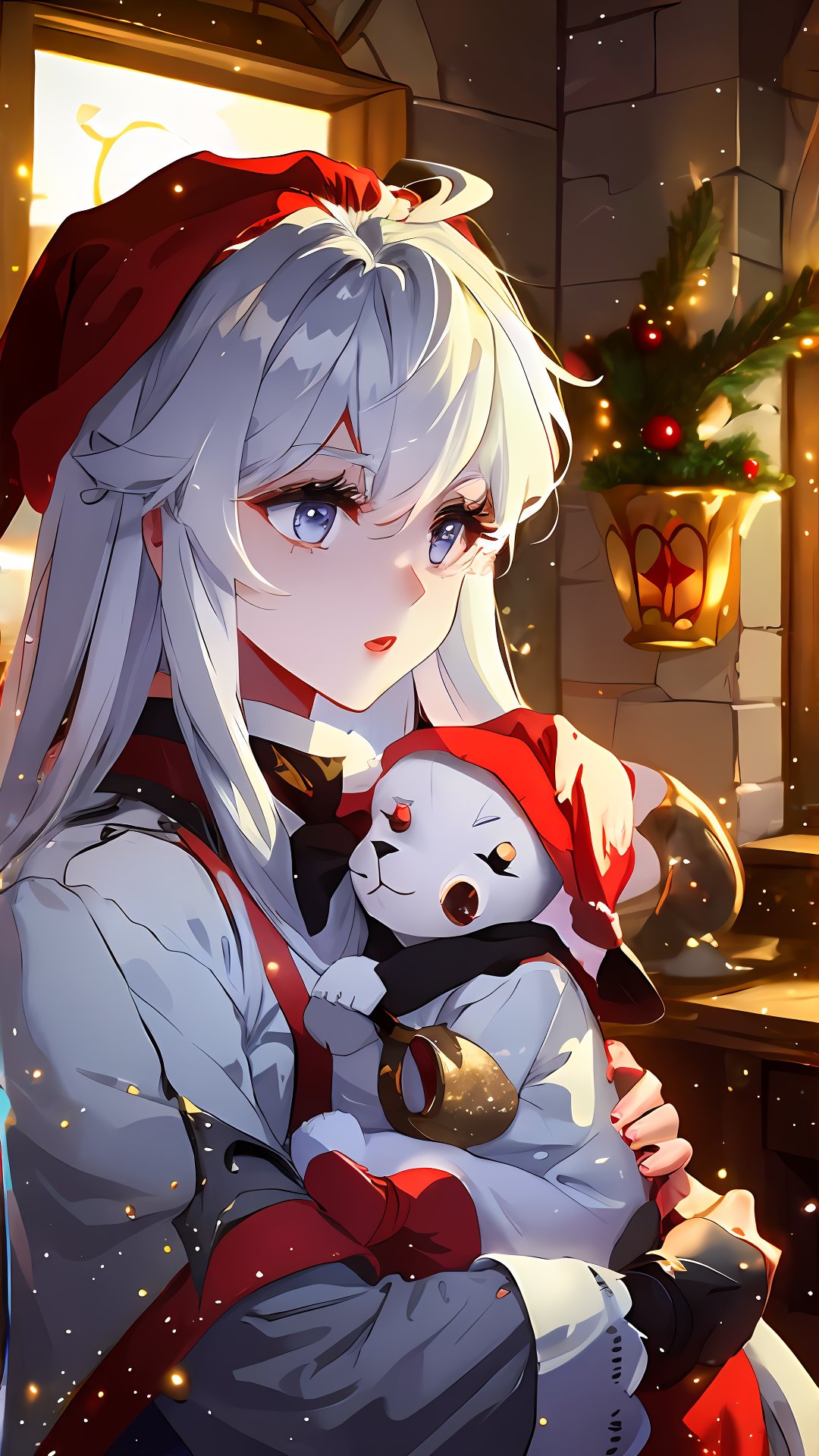 a dark gothic, White dragon baby wearing a red Christmas hat, in a golden Christmas cup. surrounding by dark gothic room, soft cinematic lighting, highly detailed, 8k