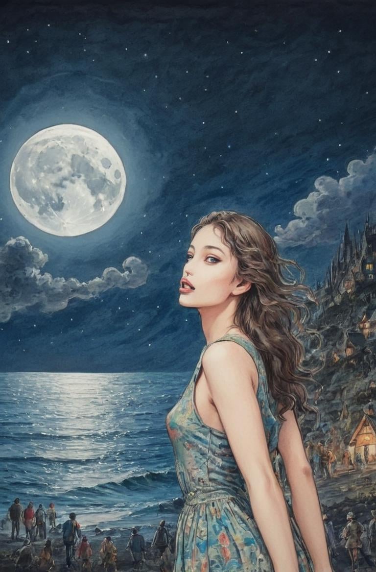 <lora:Milo_Manara_Style XL:1> masterpiece of traditional media, intricate details, best hand-drawn quality, young woman, mlmnr style, colorfull hand-drawn Moonlit Landscapes full of busy people