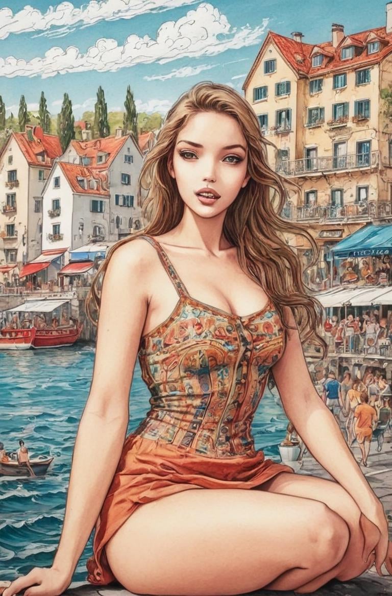 <lora:Milo_Manara_Style XL:1> masterpiece of traditional media, intricate details, best hand-drawn quality, young woman, mlmnr style, colorfull hand-drawn Waterfront Cafés by the Sea full of busy people