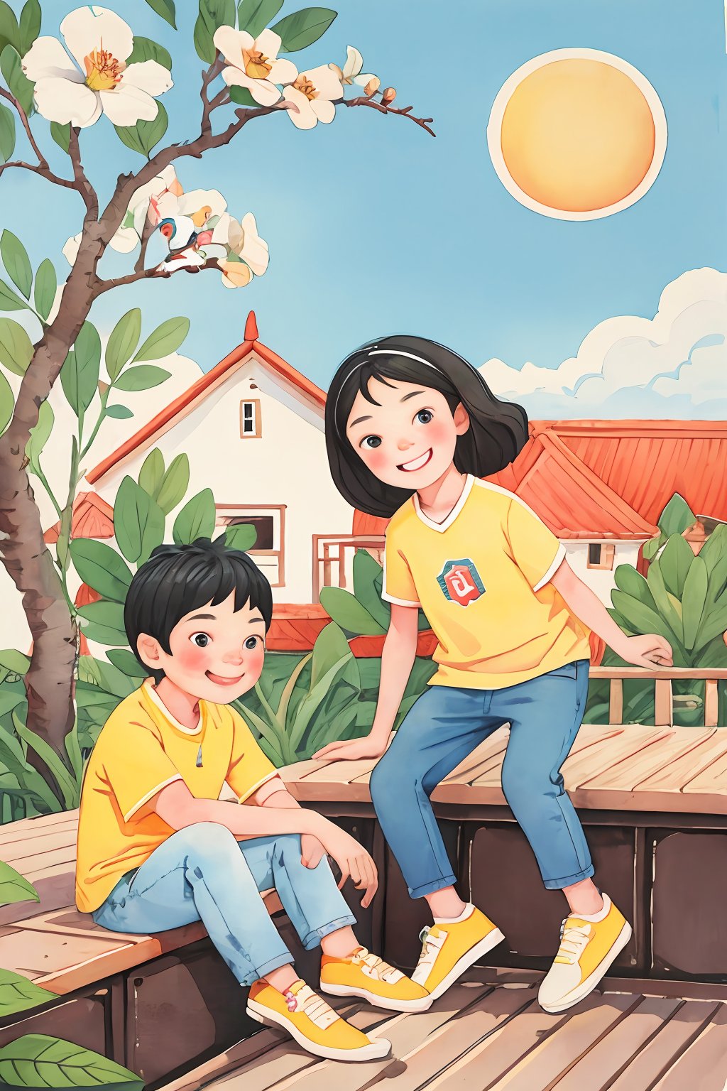  Two happy little boys and a little girl sat on the roof, taking full body photos and laughing happily. The boy is wearing a yellow short sports shirt and red sports shoes, while the girl is wearing a white sports shirt, jeans, white sports shoes, black hair, a house, flowers, and small animals. A happy little boy with a round face, big eyes, long eyelashes, sunset andsunset,, A ink painting of a tranquil orchard with Chinese writing on it and a pair of birds building their nest, with a fruit-laden branch in the foreground, An Zhengwen, organic painting, a minimalist painting, art & language, ink and wash,