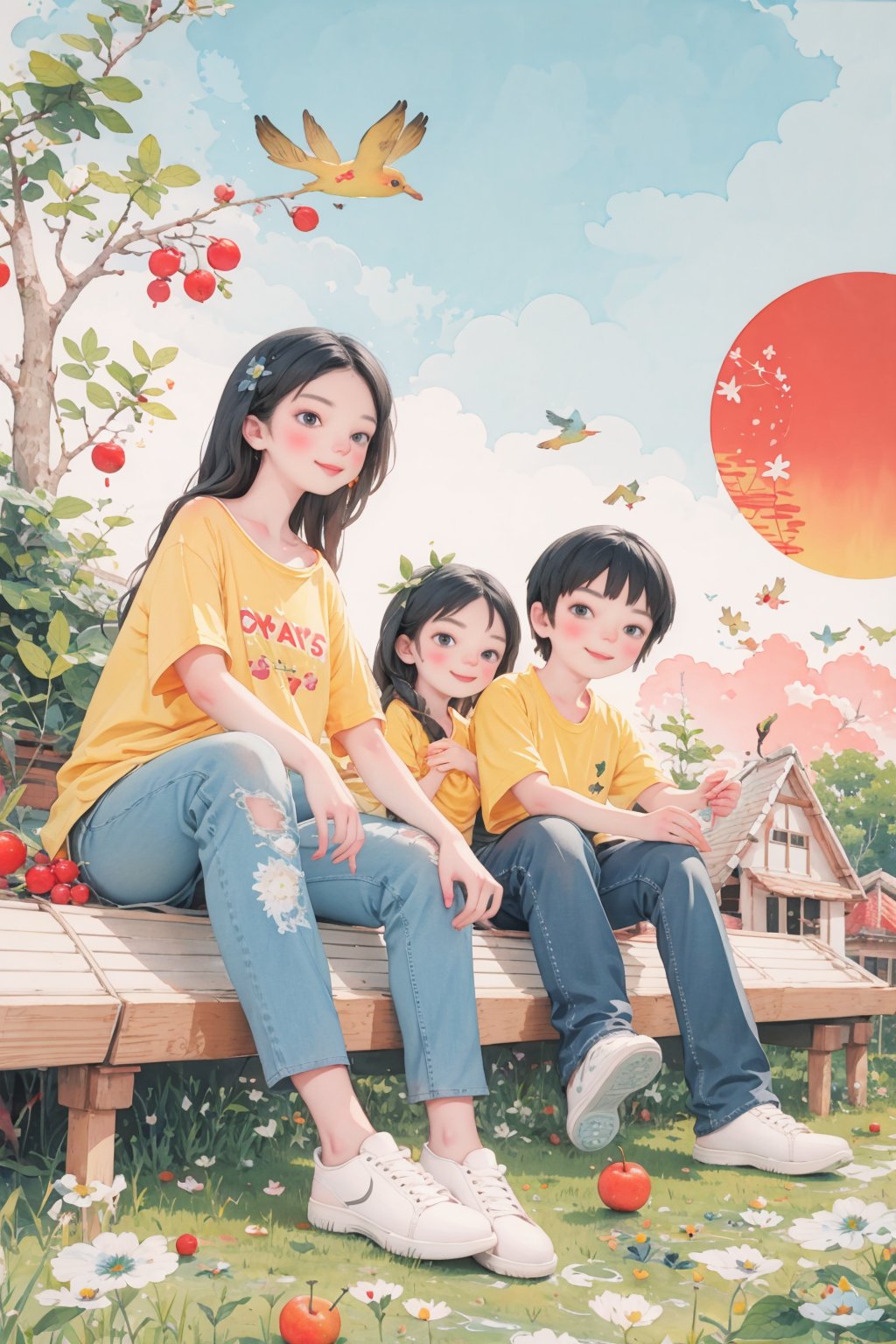  Two happy little boys and a little girl sat on the roof, taking full body photos and laughing happily. The boy is wearing a yellow short sports shirt and red sports shoes, while the girl is wearing a white sports shirt, jeans, white sports shoes, black hair, a house, flowers, and small animals. A happy little boy with a round face, big eyes, long eyelashes, sunset andsunset,, A ink painting of a tranquil orchard with Chinese writing on it and a pair of birds building their nest, with a fruit-laden branch in the foreground, An Zhengwen, organic painting, a minimalist painting, art & language, ink and wash,