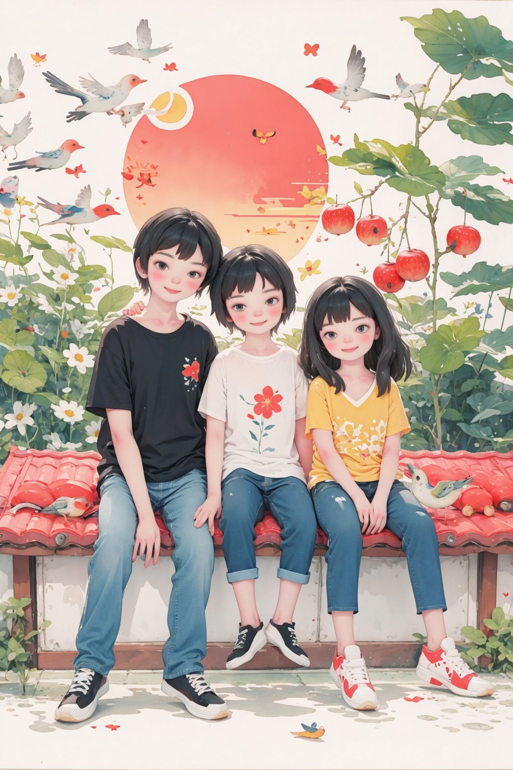  Two happy little boys and a little girl sat on the roof, taking full body photos and laughing happily. The boy is wearing a yellow short sports shirt and red sports shoes, while the girl is wearing a white sports shirt, jeans, white sports shoes, black hair, a house, flowers, and small animals. A happy little boy with a round face, big eyes, long eyelashes, sunset and sunset,, A ink painting of a tranquil orchard with Chinese writing on it and a pair of birds building their nest, with a fruit-laden branch in the foreground, An Zhengwen, organic painting, a minimalist painting, art & language, ink and wash,