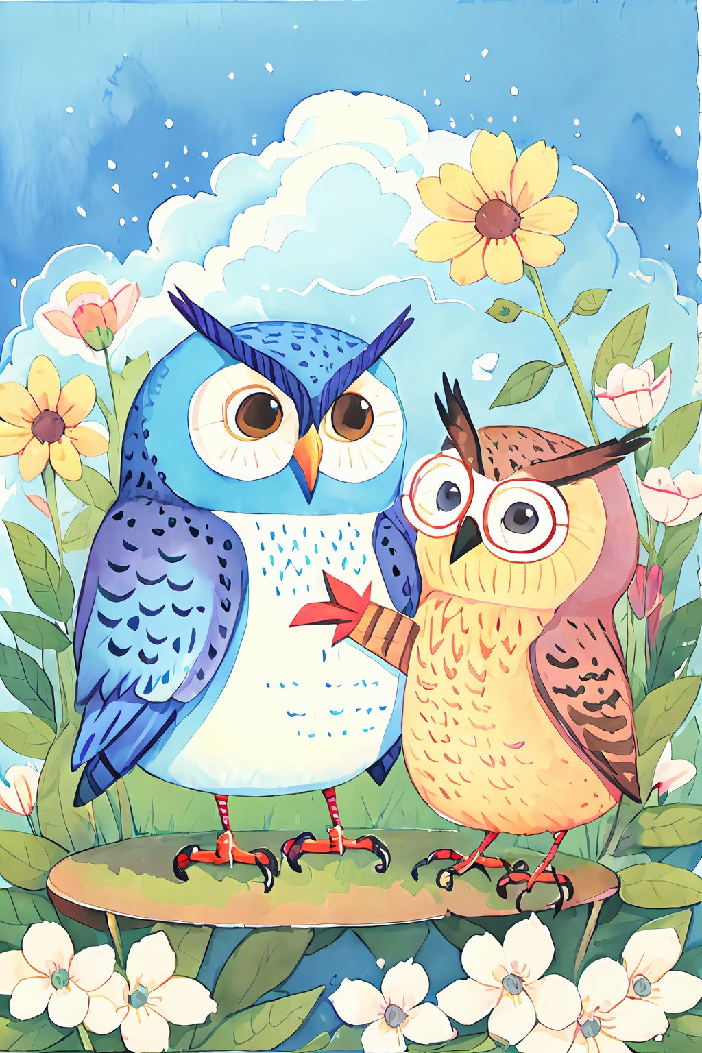 The image features a colorful owl with large, round glasses, standing tall and holding a smaller, baby owl in its wing. The owl's feathers are a mix of bright colors, including blue, green, yellow, and orange. The owl's eyes are large and round, with a warm, inviting expression. The owl's posture suggests a sense of pride and protectiveness, as if it is guarding its young. The lighting in the image is soft and diffused, creating a gentle and comforting atmosphere. The colors in the image are vibrant and lively, with the owl's feathers reflecting a range of hues. The style of the image is whimsical and charming, with a touch of nostalgia. The quality of the image is excellent, with clear details and a sharp focus on the subjects. The owl's expression and posture convey a sense of warmth and affection, as if it is nurturing and caring for its young. Overall, this image is a beautiful and heartwarming portrayal of the bond between a parent and its offspring. The owl's protectiveness and affection are evident in its posture and expression, making it a powerful and emotional image.