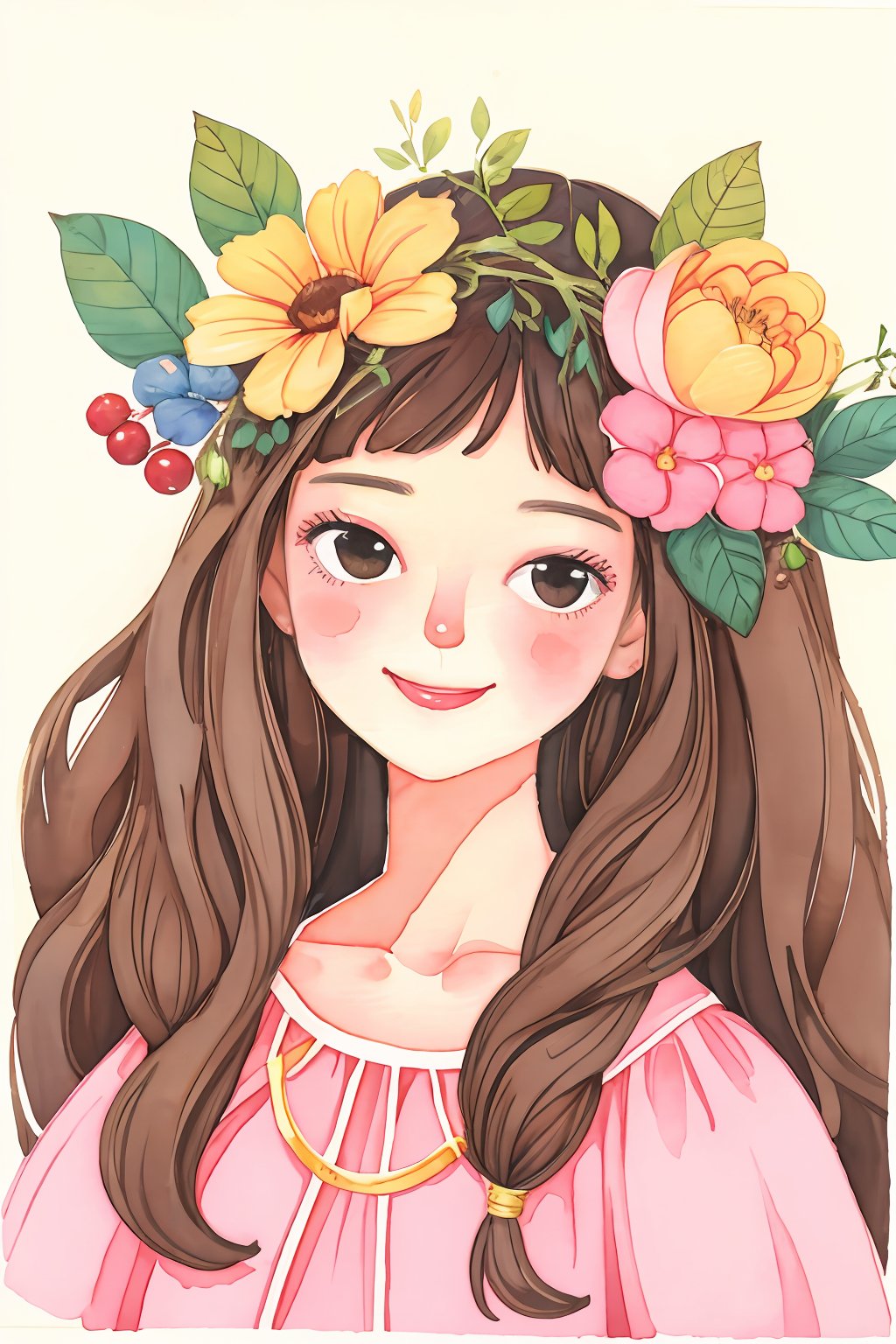 The watercolor painting features a young girl with long, flowing brown hair, wearing a pink dress with an apple pattern. She is wearing a flower crown and looking directly at the viewer with a gentle expression. The colors in the painting are vibrant and bright, with shades of pink, red, and yellow. The background is a mix of blue and yellow, creating a cheerful and lively atmosphere. The girl's expression and the flower crown give off a sense of joy and playfulness.