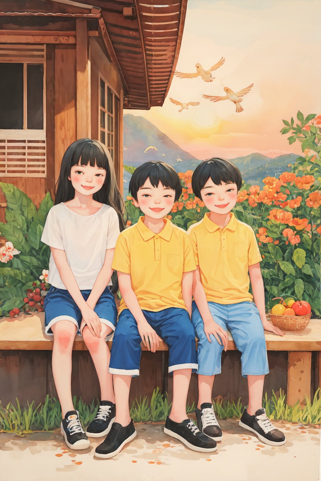  Two happy little boys and a little girl sat on the roof, taking full body photos and laughing happily. The boy is wearing a yellow short sports shirt and red sports shoes, while the girl is wearing a white sports shirt, jeans, white sports shoes, black hair, a house, flowers, and small animals. A happy little boy with a round face, big eyes, long eyelashes, sunset and sunset,, A ink painting of a tranquil orchard with Chinese writing on it and a pair of birds building their nest, with a fruit-laden branch in the foreground, An Zhengwen, organic painting, a minimalist painting, art & language, ink and wash,