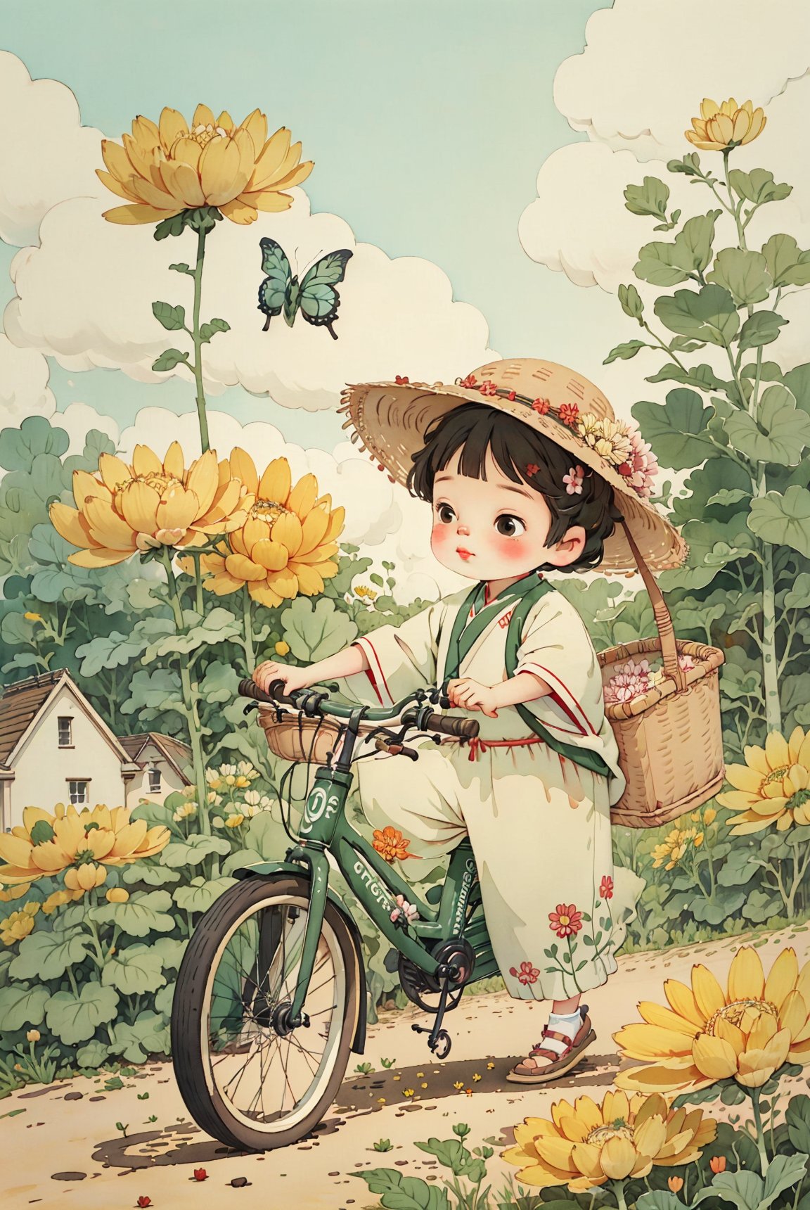  Little boy, a handsome little boy, riding a bicycle in the field, basket full of flowers, wearing a straw hat, chrysanthemum garden, flower sea, sea level, wide angle, many small butterflies, endless chrysanthemums, Miyazaki Hayao anime