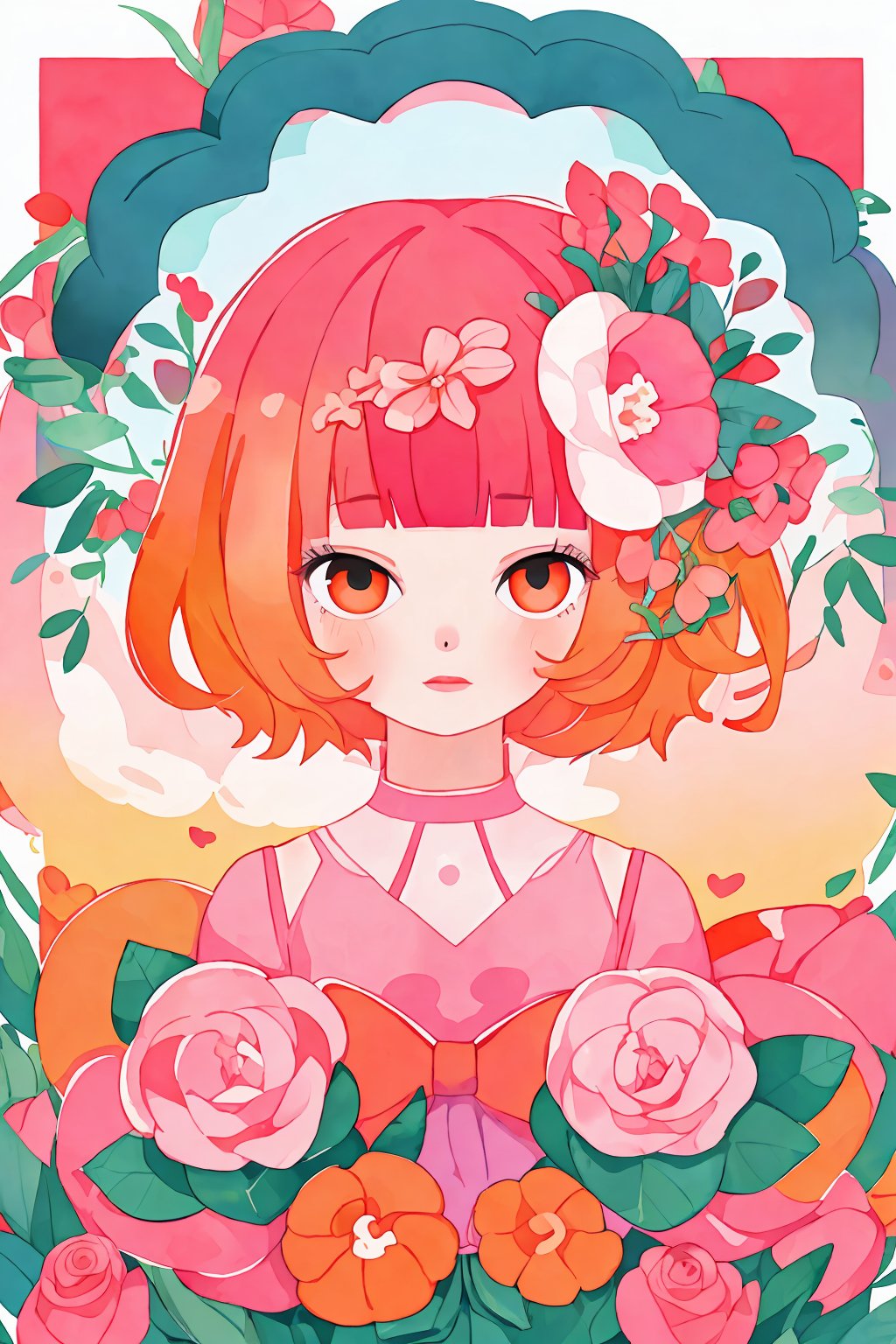  ,(gradient eyes,multicolored eyes,(red and pink and orange eyes)),(hime cut,asymmetric bangs,hair pink flowers,messy hair,(red pink orange hair, short hair, )),masterpiece,best quality,, masterpiece, best quality,, fcportrait