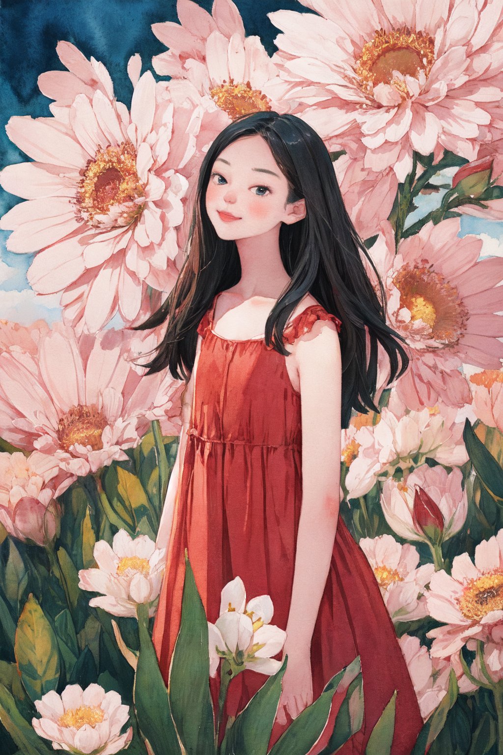  Upon examining the image, I would describe it as a beautiful watercolor painting that captures a serene and idyllic scene. The young girl in the yellow dress stands out against the backdrop of a field of bright pink flowers, creating a striking contrast of colors. The light in the painting is soft and diffused, creating a sense of warmth and tranquility. The colors used in the painting are vibrant and bold, making the image feel lively and dynamic. The style of the painting is whimsical and dreamy, evoking a sense of wonder and imagination. The quality of the painting is excellent, with meticulous attention to detail in the girl's dress, the flowers, and the overall composition of the scene. The emotions conveyed in the painting are peaceful and joyful, as if the girl is enjoying a moment of pure happiness in the midst of nature. Overall, this is a beautiful and captivating painting that captures the essence of innocence, beauty, and joy.