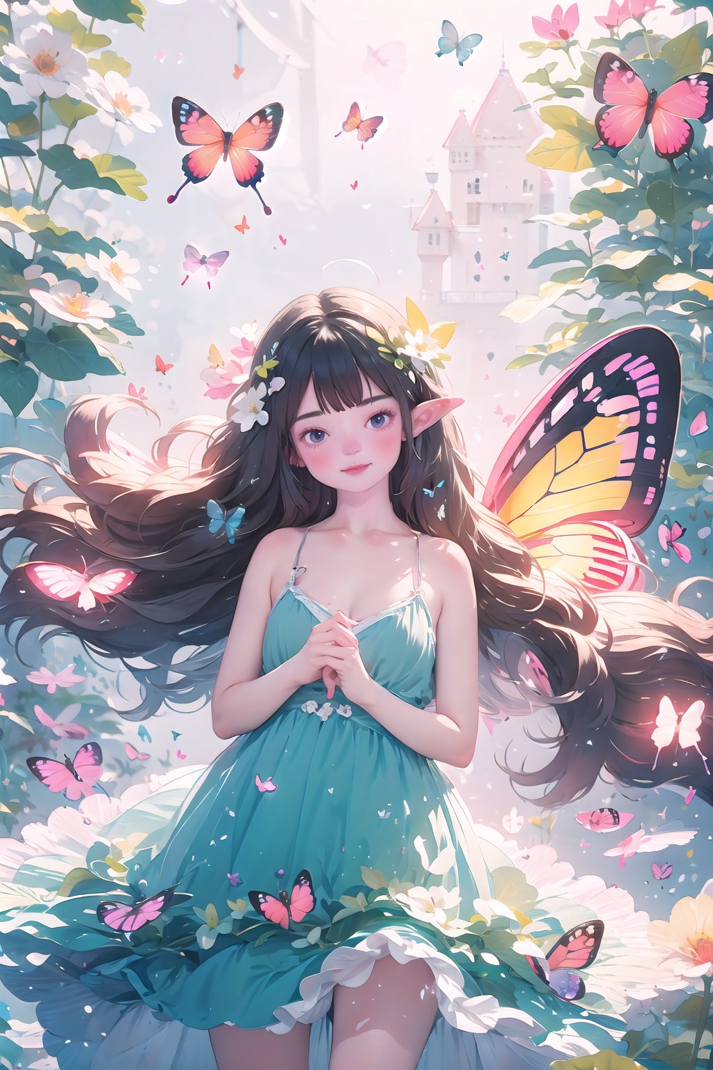  1girl,Butterflies on the Head, antennae, blue butterfly, blue wings, blurry, blurry background, brown hair, butterfly, butterfly hair ornament, butterfly on hand, butterfly wings, cleavage, fairy, fairy wings, flower, flying, glowing butterfly, glowing wings, green wings, hair ornament, ice wings, insect wings, lips, long hair, medium breasts, motion blur, multicolored wings, nature, pink wings, pointy ears, purple wings, solo, transparent wings, white butterfly, white wings, wings, yellow butterfly, yellow wings,Dawn Elf,dawn,glow,Glowing wings,Dress,Multiple butterflies,Glowing Butterfly,Super large wings