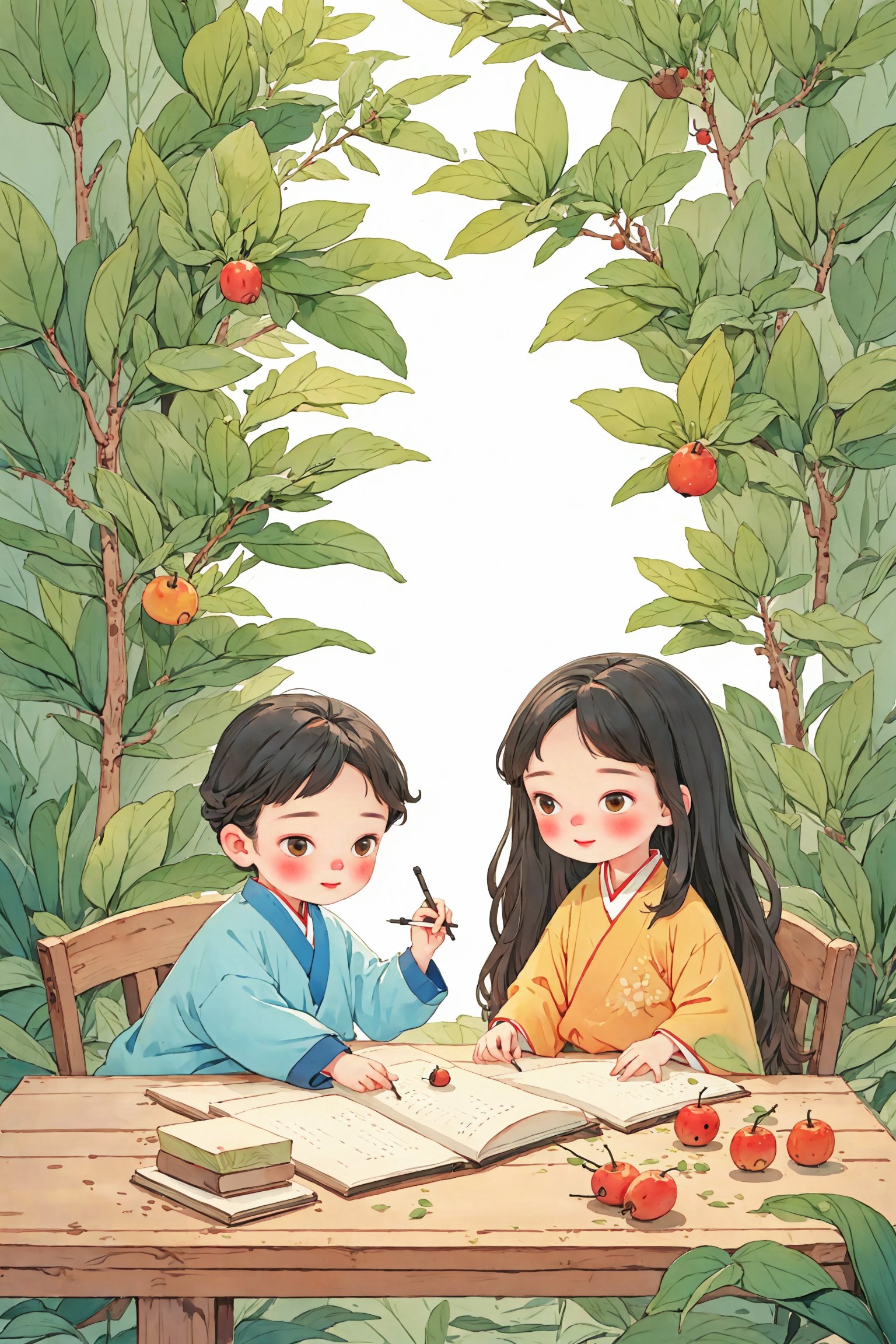  High definition perfect picture quality, exquisite, China, quadrangle courtyard, full of loquat trees, sunlight falling through the leaves (a little boy and a little girl), wooden tables and chairs, with a pile of loquat fruits on the table, basking in the sun for leisure and visual pleasure. Warm visual effects, childhood memories, children's inserted books, perfect composition, hanfu