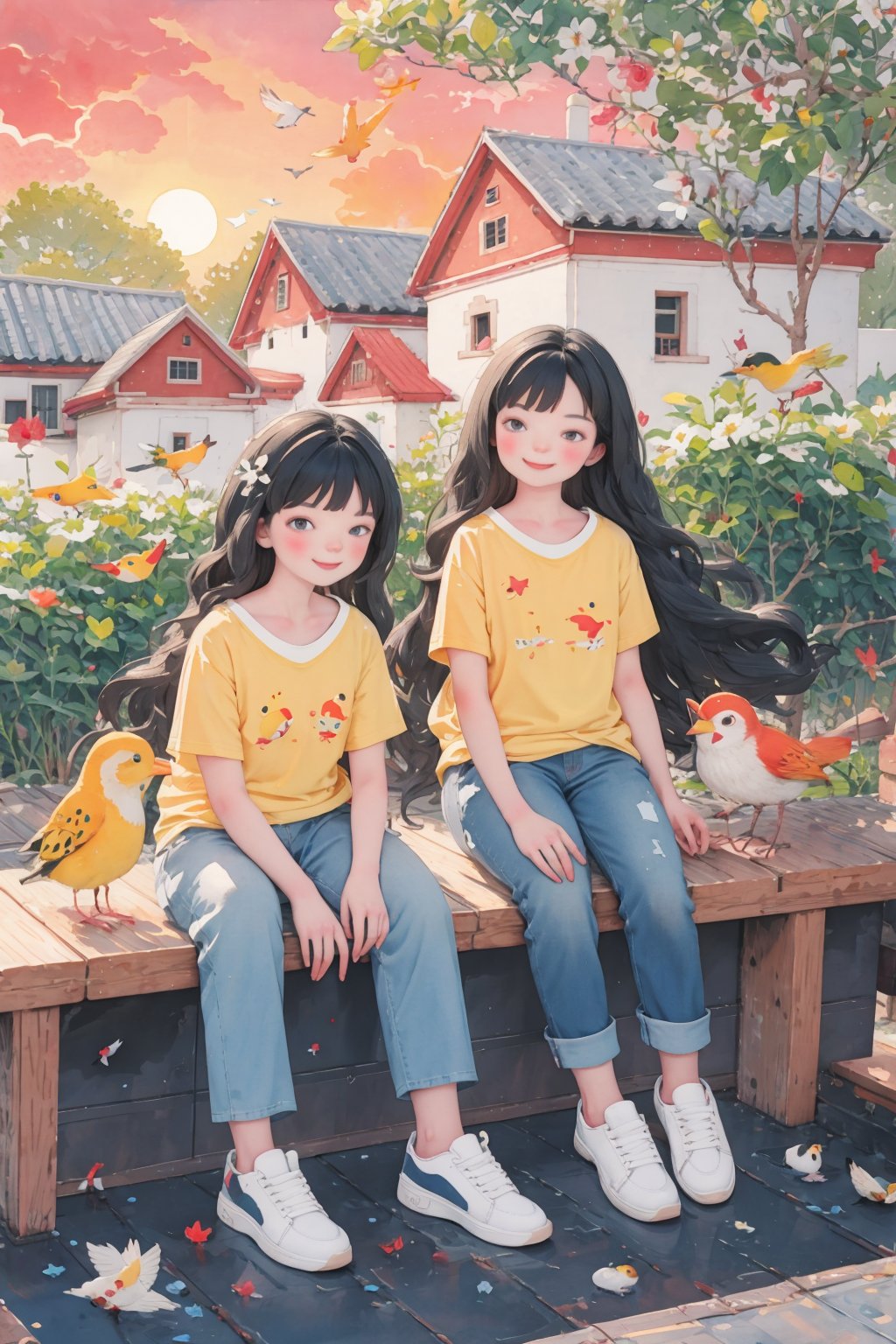  Two happy little boys and a little girl sat on the roof, taking full body photos and laughing happily. The boy is wearing a yellow short sports shirt and red sports shoes, while the girl is wearing a white sports shirt, jeans, white sports shoes, black hair, a house, flowers, and small animals. A happy little boy with a round face, big eyes, long eyelashes, sunset and sunset,, A ink painting of a tranquil orchard with Chinese writing on it and a pair of birds building their nest, with a fruit-laden branch in the foreground, An Zhengwen, organic painting, a minimalist painting, art & language, ink and wash,