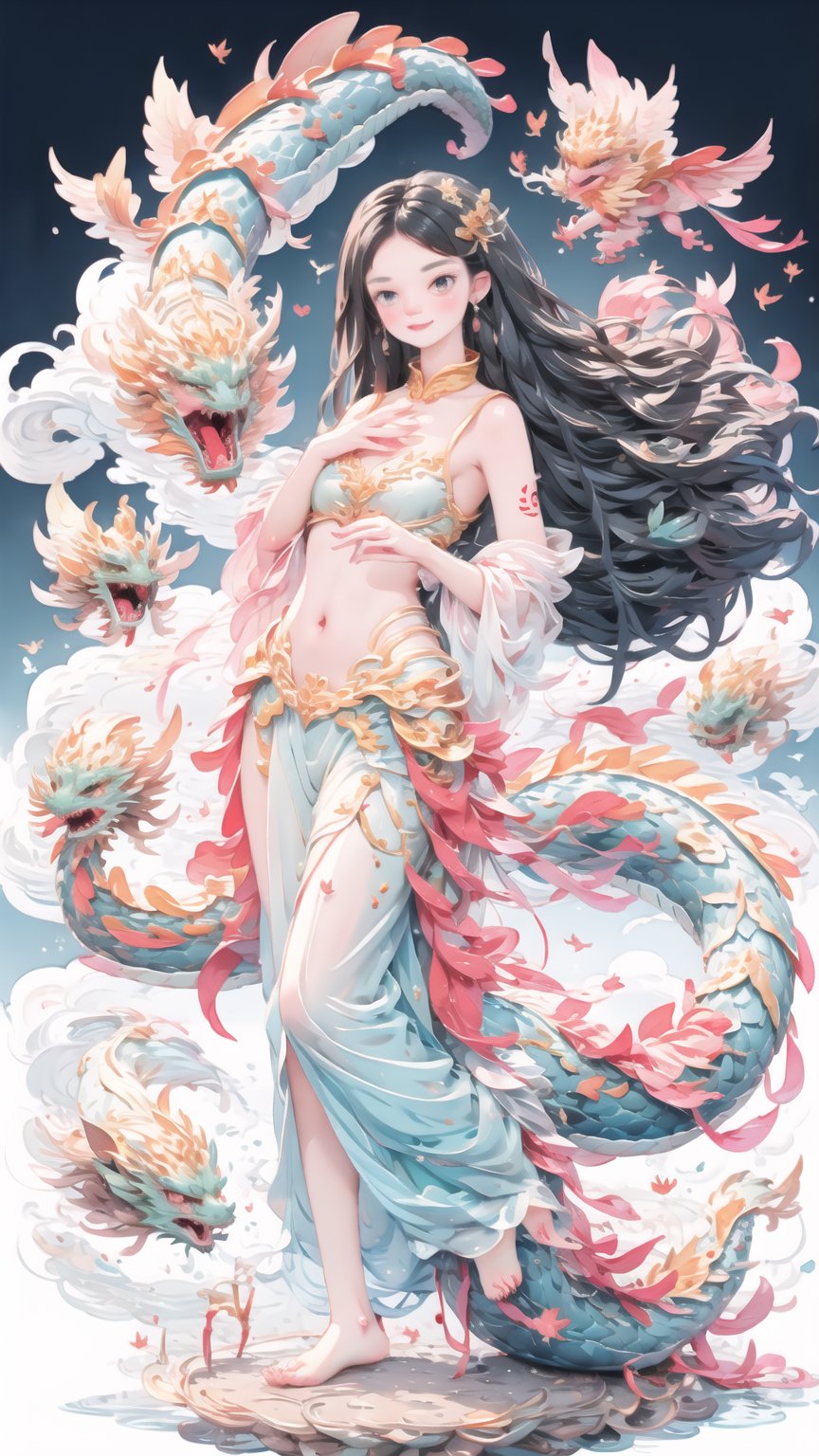  Masterpiece, best quality, 1 girl, pink eyes, (big chest), optional costume, (fine close-fitting armor), fringe, looking at the audience, blush, bag, symbolic pupil, (black long hair fluffy), bangs, a beautiful dragon standing on the dragon body behind him, delicate beautiful dragon), (bare white belly, (outdoor), (Wide heaven and earth), (barefoot on the scale of the dragon), (dragon flying in the sky), (love tattoo on the thigh), (barefoot, delicate barefoot), (white instep exposed), (barefoot, delicate barefoot), 1girl, dunhuang