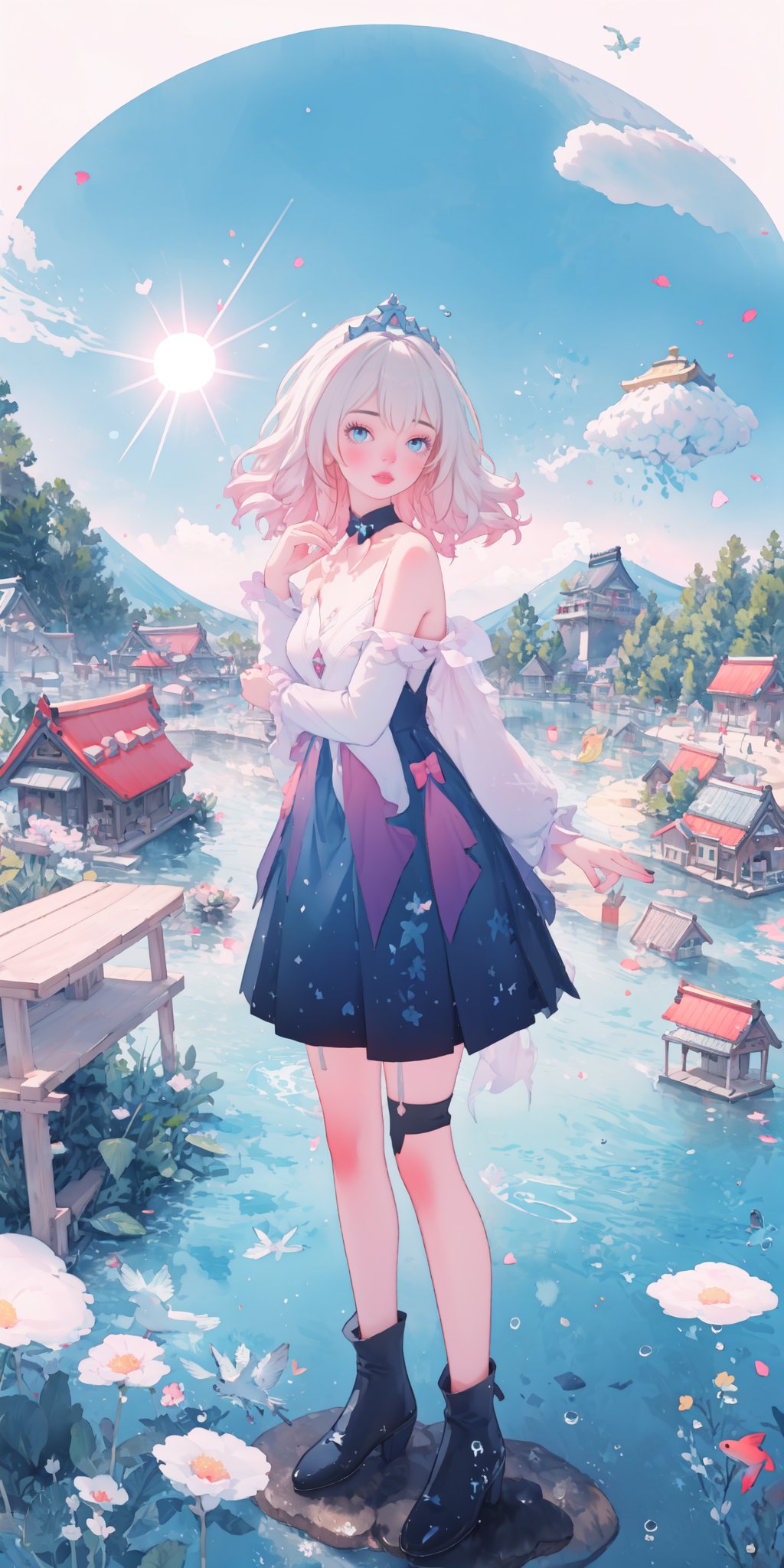  realistic, octane render, 3D CG, [(simple background:1.6)::5],Dynamic angle,[Bottle bottom], (1girl:1.3), art by makoto shinkai (flat color:1.3),colorful,floating colorful wind,(Highest picture quality), (Master's work), (Detailed eye description),(imid shot,macro shot:1.25),(8K wallpaper), (Detailed face description),depth of field,(lens flare),floating colorful water, (floating colorful mount fuji:1.3),floating colorful traffic light,roadblock,railing,ruins,moss,floating rain,stream,wilderness,small dust, ((breeze)), wind, summer,sunlight, (railway:1.3), (blurry background), road by the sea,ruins,station, (An abandoned roadside station:1.5) ,Mountains and forests,water,wading,partially_submerged,(Strong sunlight:1.2),(Altocumulus:1.2),bird, butterfly, falling petals, (from back,from below:1.1), (fisheye:1.2), full body,standing,looking back, looking to the side,
wlop style,wlop,
\\\\\\\\\\\\\\\\\\\\\\\\\\\\\\\\\\\\\\
new syq, dress, tiara, blue eyes, full body, detached sleeves, bare shoulders, white thighhighs, short hair, pink hair,
\\\\\\\\\\\\\\\\\\\\\\\\\\\\\\\\\\\\\
,full_body,1girl, 1 girl, beautiful face, haoche, large_breast, wlop, new syq