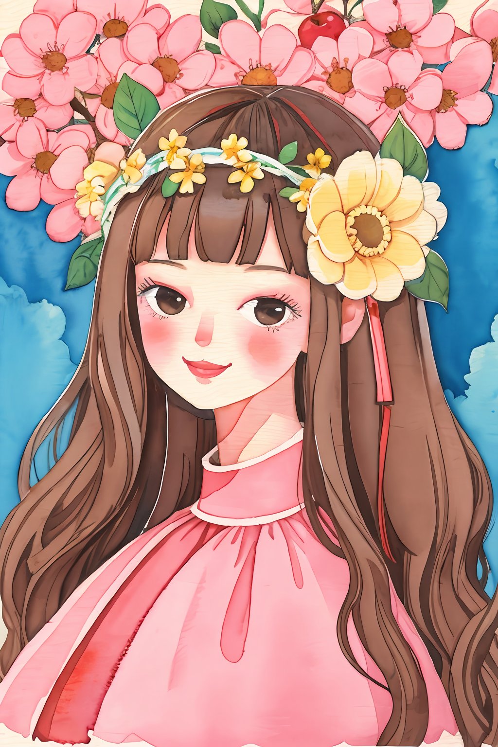  The watercolor painting features a young girl with long, flowing brown hair, wearing a pink dress with an apple pattern. She is wearing a flower crown and looking directly at the viewer with a gentle expression. The colors in the painting are vibrant and bright, with shades of pink, red, and yellow. The background is a mix of blue and yellow, creating a cheerful and lively atmosphere. The girl's expression and the flower crown give off a sense of joy and playfulness.