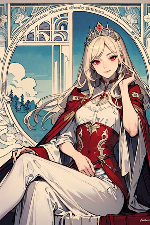 (masterpiece, best quality), 1girl, solo, (the empress:1.15), platinum blonde, long hair, (red cape), Curtain, white dress, queen dress, aurora, (sunshine, sky, river, forest), expressionless, red eyes, very long hair, (art nouveau:1.2), alphonse mucha, tiara, (face focus, upper body), sit, (red throne:1.12), tiara, crossing legs, highly intricate details, realistic light, smile