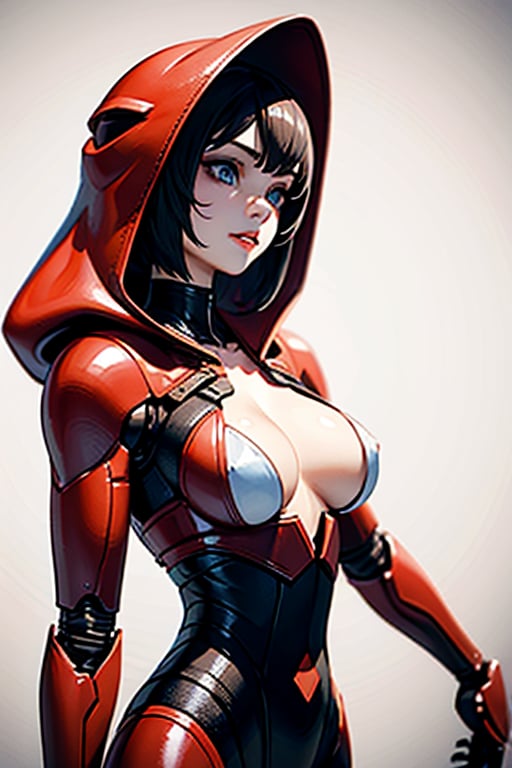 1girl,EA post apocalyptic portrait photo of a red hooded woman, (((front view))), blue eyes,beautiful female, beautiful face, biomechanical android with translucent lingerie armor,scientific illustration,white backgorund,alabaster skin,perfect face,3D MODEL,Black