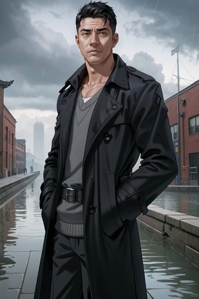 1boy, young adult, neutral facial expression, walking, movie gangster from shanghai, shag cut hair, black trenchcoat, caucasian, city street, hands in pockets, grey cloudy sky, waist up, close-up, dutch angle, rain, warehouse in background, docks, river, morning, best quality