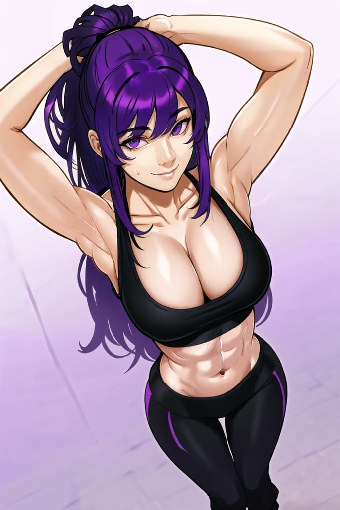 1girl, from above, half-smile, standing, confident, (purple hair), black tight sweatpants, wasit up, bra, cleavage, tight plain black shirt, midriff, arms up, arms behind head, armpits, slender body, simple background, best quality,