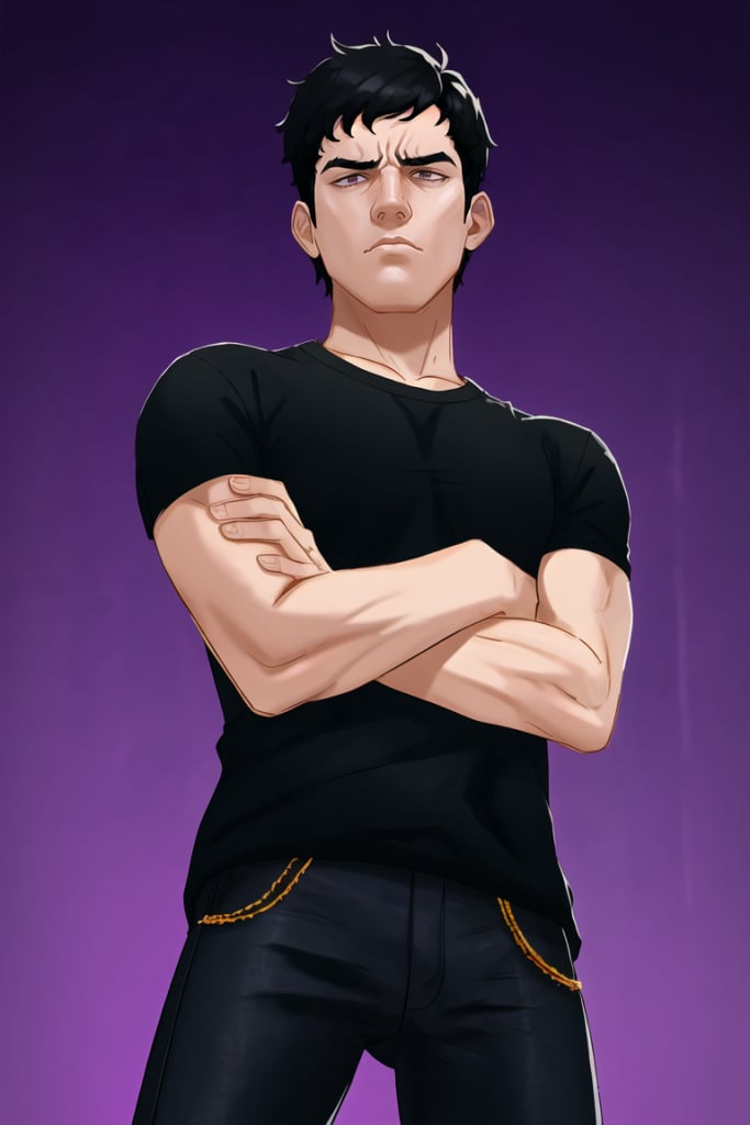 1boy, from below, slight frown, messy black hair, black plain t-shirt, arms crossed, black jeans, purple background, best quality