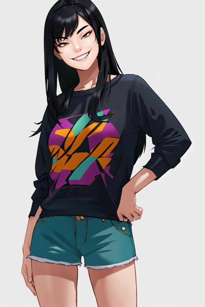 1girl, asian, black hair, young adult, dressed in casual clothes, smug smile, petite, simple background, shorts, best quality