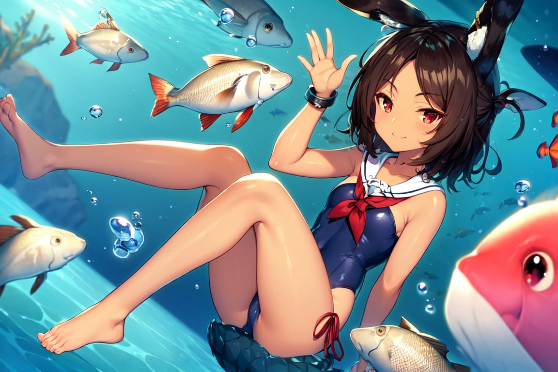 <lora:i-26_v1.0:0.8>,i19_\(azur_lane\), rabbit_ears, brown_hair, red eyes,dark-skinned_female, dark_skin,sailor_collar, blue_swimsuit,air_bubble,smile,full body, A girl was surrounded by fish in the water, no shoes, masterpiece, best quality, high contrast,