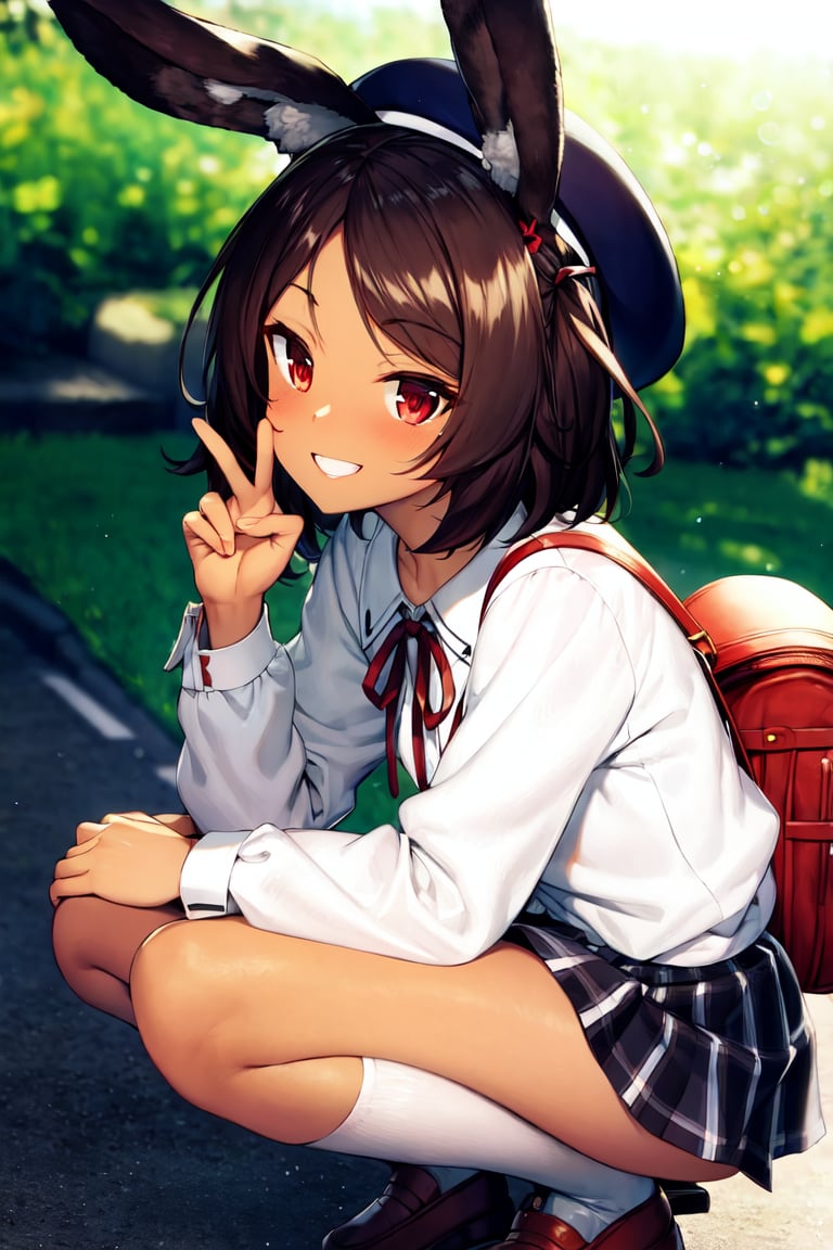 <lora:i-26_v1.0:0.8>,i26_\(azur_lane\), rabbit_ears, brown_hair, red_eyes,smile,dark-skinned_female, dark_skin,outdoors,neck_ribbon, ear_ribbon,white shirt,plaid skirt,puffy long sleeves, beret, randoseru, red backpack,v sign,from side, squatting, masterpiece, best quality, high contrast,