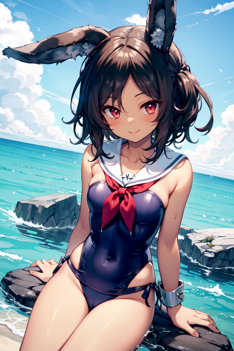 <lora:i-26_v1.0:0.8>,i19_\(azur_lane\), rabbit_ears, brown_hair, red eyes,dark-skinned_female, dark_skin,sailor_collar, blue_swimsuit,beach, A girl sitting on a rock,smile, from above,, masterpiece, best quality, high contrast,