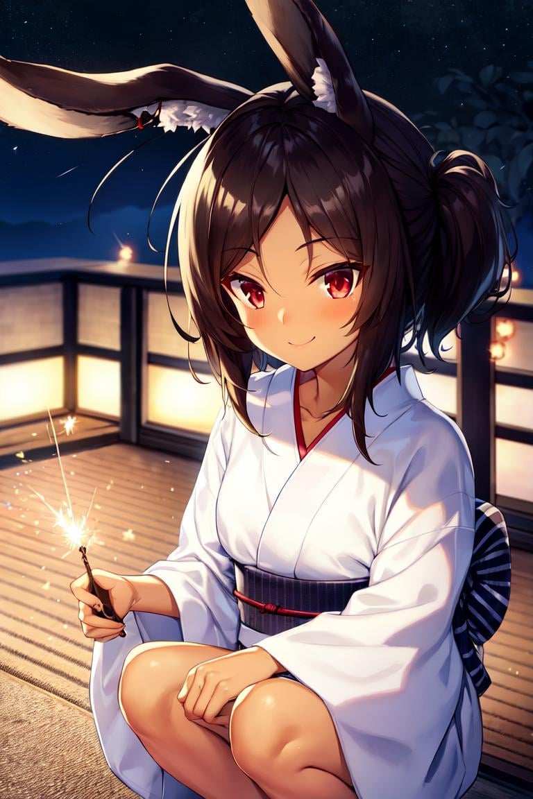 <lora:i-26_v1.0:0.8>,i26_\(azur_lane\), rabbit_ears, brown_hair, red_eyes,smile,dark-skinned_female, dark_skin,outdoors,yukata,  squatting,  night, fairy stick,from above, sparkler,looking down, masterpiece, best quality, high contrast,