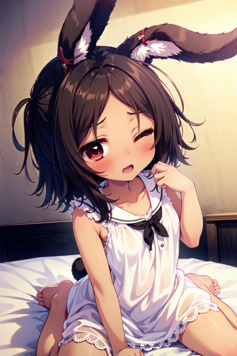 <lora:i-26_v1.0:0.8>,i19_\(azur_lane\), rabbit_ears, brown_hair, red eyes,dark-skinned_female, dark_skin,nightgown,bedroom, one eye closed, wariza, rubbing eyes, masterpiece, best quality, high contrast,