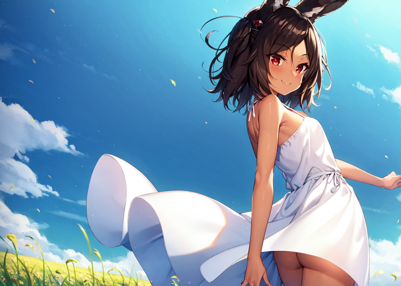 <lora:i-26_v1.0:0.8>,i19_\(azur_lane\), rabbit_ears, brown_hair, red eyes,dark-skinned_female, dark_skin,white camisole,white dress, field, standing,wide shot,smile, wind, looking back,, masterpiece, best quality, high contrast,