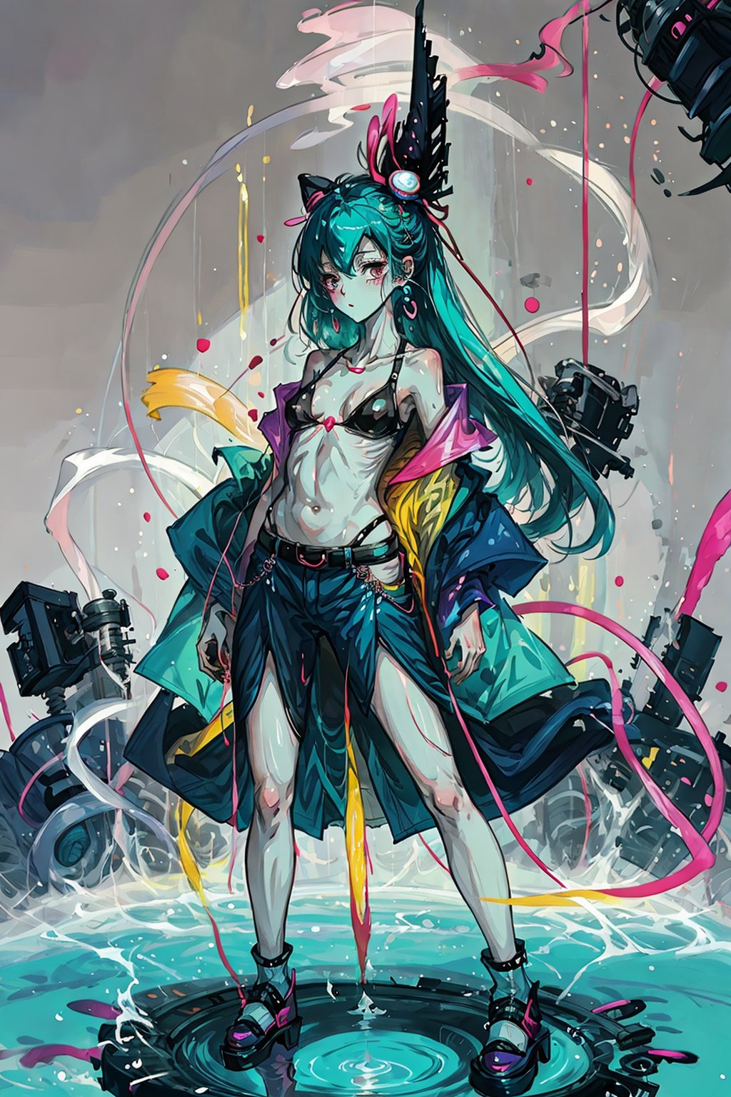  A girl,a female anime character is wearing futuristic and shoes, in the style of psychedelic neon, nintencore, skottie young, light pink and light black, kidcore, dark white and dark cyan, colorful chaos