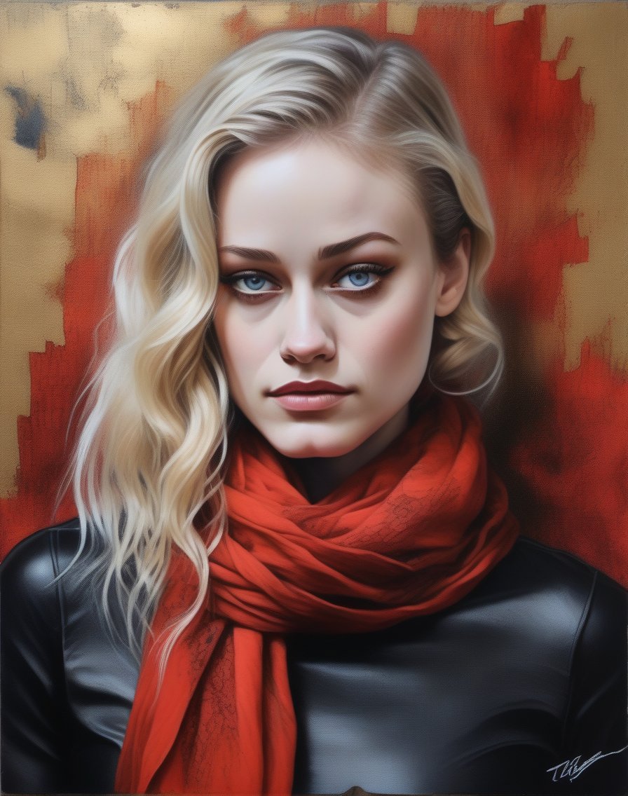 OliviaTaylorDudley,<lora:OliviaTaylorDudleySDXL:1>breathtaking portrait of a gorgeous girl, sultry, red scarf, dark gold and black, gossamer fabrics, jagged edges, eye-catching detail, insanely intricate, vibrant light and shadow , beauty, paintings on panel, textured background, captivating, stencil art, style of oil painting, modern ink, watercolor , brush strokes, negative white space