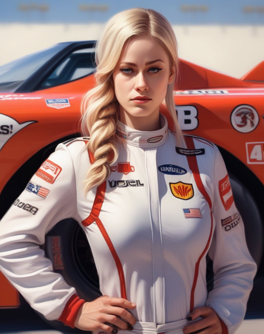 OliviaTaylorDudley,<lora:OliviaTaylorDudleySDXL:1> perfect anime illustration, 1girl, braided hair, medium hair, medium breasts, sidehair, racecar driver, ((firesuit, race track, car)), nascar, f1, indycar, (outdoors, speedway, track), standing next to a racing vehicle, hand on hip, good posture, looking at viewer. created by Artgerm, volumetric lighting, 8k, hdr, holga, 300mm lens f3. 5, aesthetic, unsharpened