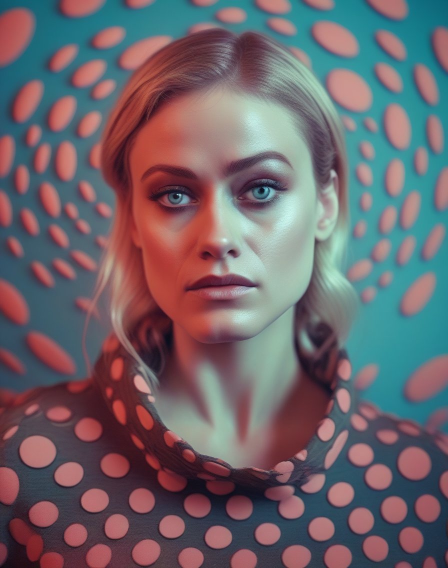 OliviaTaylorDudley, art by Claude Melan, photograph, Stirring Rickety Woman, designed by Orcs 😛, wearing Cape in Circles patterns, JoJo pose, Hurricane, soft focus, Fearful, film grain, Nikon d3300, L USM, anaglyph effect, <lora:OliviaTaylorDudleySDXL:1>