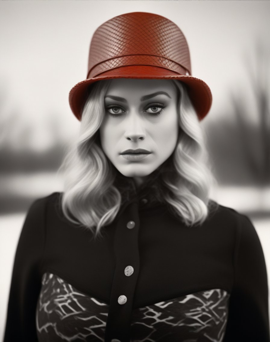 OliviaTaylorDudley, photograph, [Old|Gentle] voluptuous Female of Elements, wearing Average Snakeskin Red Trapper hat, Winter, tilt shift, Movie still, Suffering, moody lighting, Ilford HP5, Depth of field 100mm, art by Giorgio de Chirico, <lora:OliviaTaylorDudleySDXL:1>