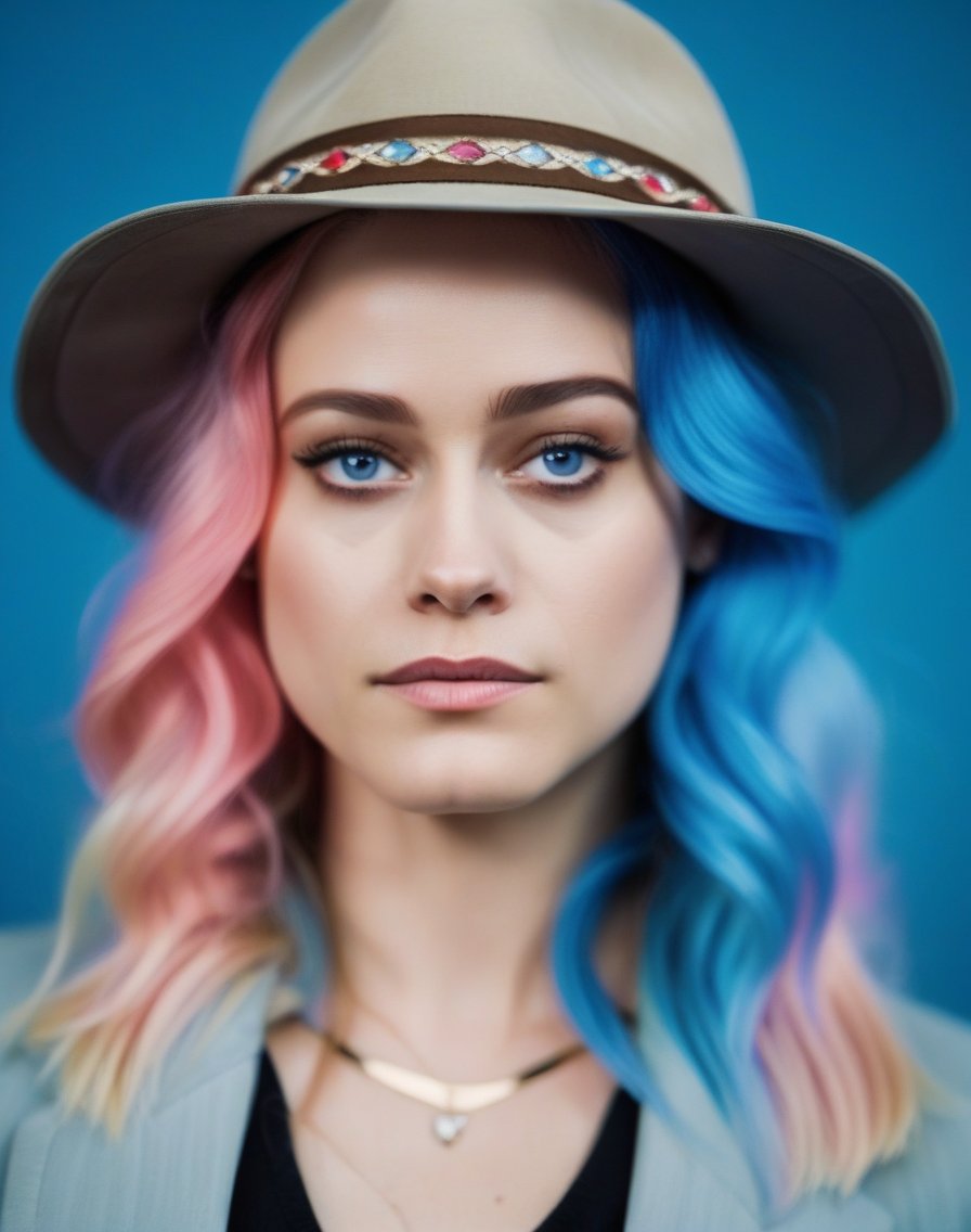 OliviaTaylorDudley,<lora:OliviaTaylorDudleySDXL:1>,Realistic photo of a beautiful woman, 1girl, solo, long hair, hat, jewelry, blue hair, jacket, multicolored hair, necklace, bracelet, lips, realistic, fashion, soft lighting, professional Photography, Photorealistic, detailed, RAW, analog, sharp focus, 8k, HD, DSLR, high quality, Fujifilm XT3, film grain, award winning, masterpiece