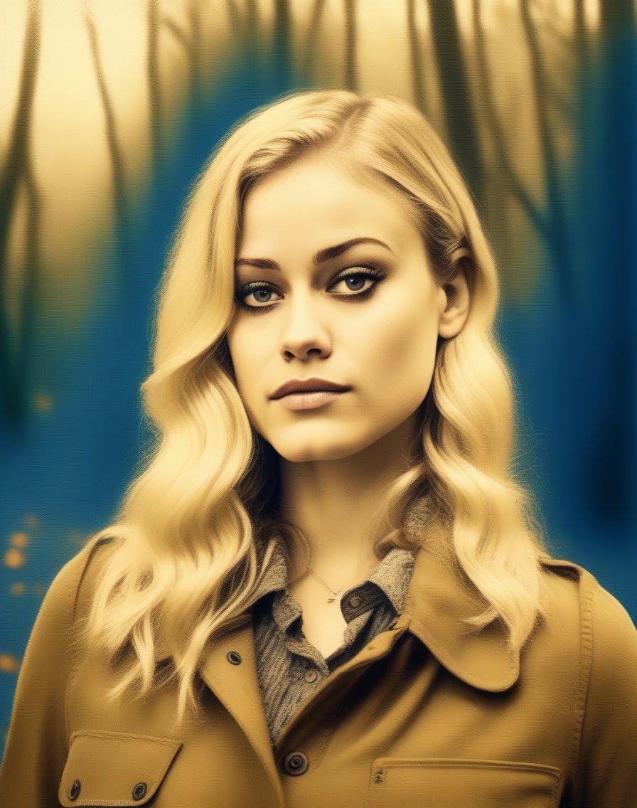 OliviaTaylorDudley, portrait,close up of a Serbian Female, Alhambresque Blonde hair, autumn forest, Bokeh, Rough sketch, 60s Art, Sepia filter, dripping with DayGlo blue, poster art, <lora:OliviaTaylorDudleySDXL:1>