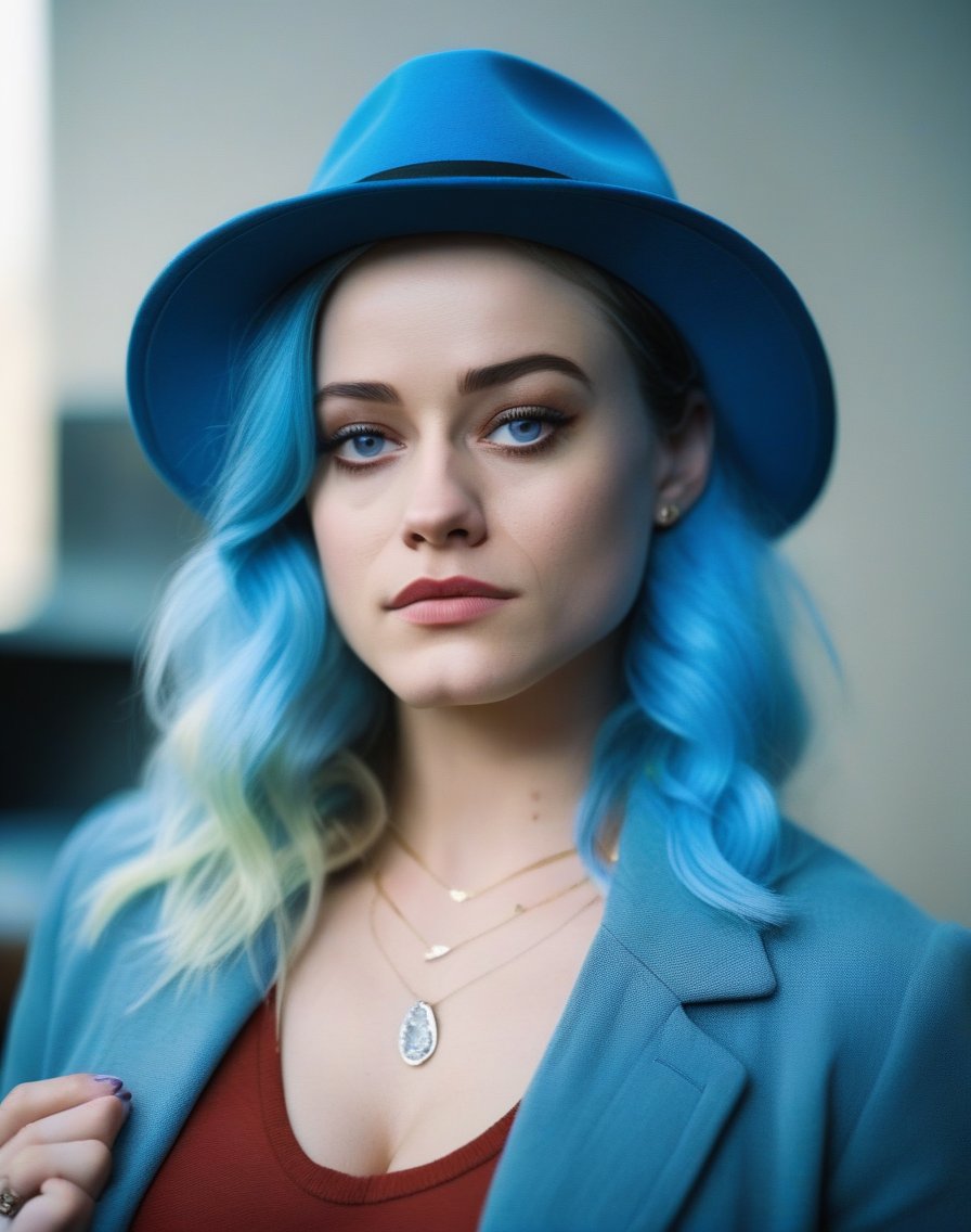 OliviaTaylorDudley,<lora:OliviaTaylorDudleySDXL:1>,Realistic photo of a beautiful woman, 1girl, solo, long hair, hat, jewelry, blue hair, jacket, multicolored hair, necklace, bracelet, lips, realistic, fashion, soft lighting, professional Photography, Photorealistic, detailed, RAW, analog, sharp focus, 8k, HD, DSLR, high quality, Fujifilm XT3, film grain, award winning, masterpiece