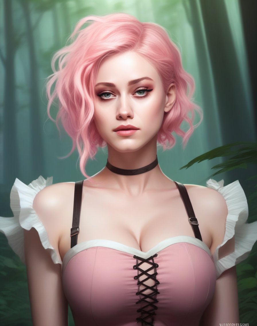 OliviaTaylorDudley,<lora:OliviaTaylorDudleySDXL:1>Anime portrait by WLOP and Artgerm, trending on artstation, (masterpiece, best quality), 1girl, pixie, in a fantasy forest, green Short Wavy Hair with, Size DD breasts, pink Corset top and Ruffled mini skirt kneehighs,