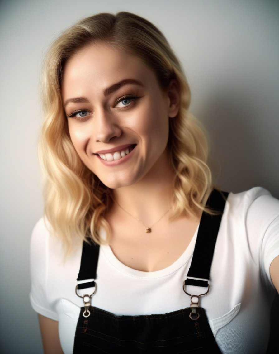 OliviaTaylorDudley,<lora:OliviaTaylorDudleySDXL:1>, a curvy athletic woman in black overalls is smiling and taking a selfie, white t-shirt, streak in hair, 8k uhd, dslr, soft lighting, high quality, film grain, Fujifilm XT3