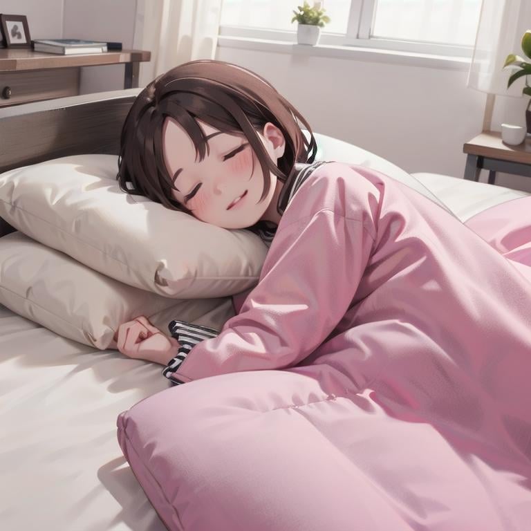 best quality, ultra-detailed, illustration, smile, 1girl, solo,futon, closed eyes, pillow, sleeping, brown hair, lying, bed, blanket, smile, on side, under covers, lips, indoors, <lora:goodsleep_SD15_V3_DIM4:0.8>
