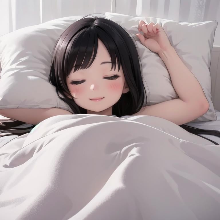 best quality, ultra-detailed, illustration, smile, 1girl, solo,closed eyes, black hair, pillow, sleeping, bed, lying, smile, blanket, under covers, lips, <lora:goodsleep_SD15_V3_DIM4:0.6>