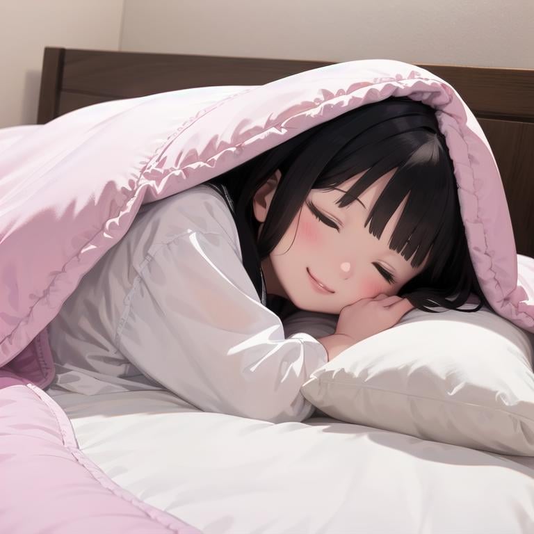 best quality, ultra-detailed, illustration, smile, 1girl, solo,closed eyes, black hair, pillow, sleeping, bed, lying, smile, blanket, under covers, lips, <lora:goodsleep_SD15_V3_DIM4:0.6>